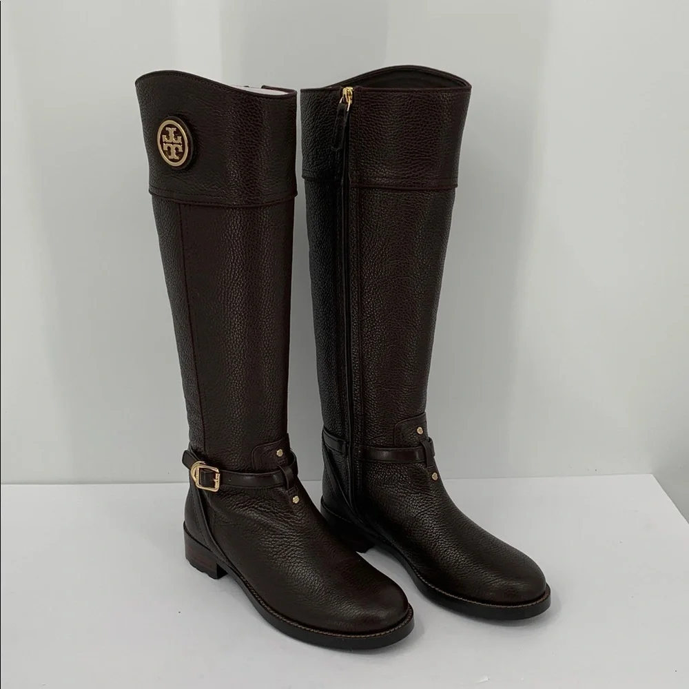 Tory Burch Teresa riding tall boots coconut brown leather zipper logo new 7
